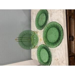Set of 4 Vintage Morgantown Green Crinkle Glass Plates 7.5” Depression Era Style